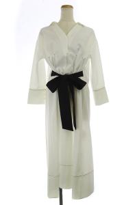 ワンピース ロング ウエストリボン 長袖 38 白 ホワイト