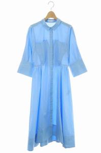 シャツワンピース 七分袖 フレア ロング 比翼仕立て 38 サックスブルー