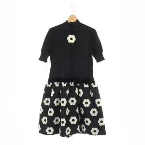 ワンピース 花柄 ニット 切替 半袖 膝丈 40 黒 ブラック