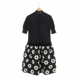 M'S GRACY ワンピース 花柄 ニット 切替 半袖 膝丈 40 黒 ブラック