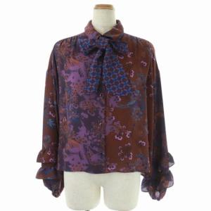 19AW サラサミックスタイ付ブラウス シャツ 総柄 花柄 長袖 36 茶 紫 ブラウン パープル