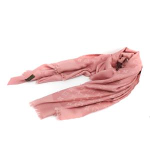ストール モノグラム シルク ウール混 フリンジ ピンク