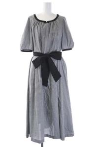 21SS マイクロギンガムワンピース ロング 半袖 チェック フレアリボンベルト付き キャミソール付き 40 黒 白 ブラック