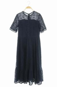 19SS ラッセルレースワンピース 五分袖 ロング フレア 38 紺 ネイビー