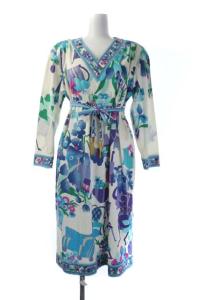 花柄ワンピース ロング 肩パット付き Vネック ベルトリボン M マルチカラー