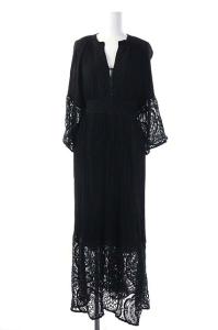 20SS マキシワンピース レース 切替 七分袖 ワイドスリーブ フレア ウエストリボン 36 黒 ブラック