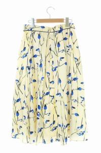 ANAYI フレアスカート ロング 花柄 タック 38 黒 青 ブラック ブルー アイボリー