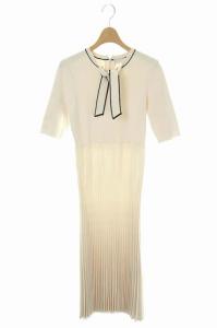 19AW ボウタイプリーツニットワンピース ロング 五分袖 36 アイボリー