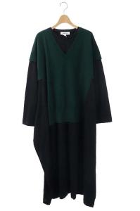 21AW ニットレイヤード カットDRS ドレス ワンピース 長袖 ロング プルオーバー 38 緑 黒 グリーン ブラック