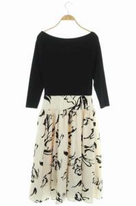 CELFORD 20AW 花柄 フロッキー ドッキングワンピース 切替 ニット フレア ロング 八分袖 36 アイボリー 黒 ブラック