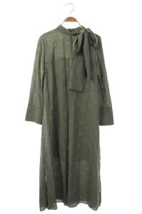 19AW クリスタル刺繍ワンピース 長袖 ロング ボウタイ 38 カーキ