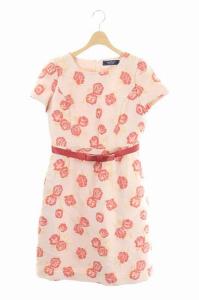 ローズ刺繍ジャガードワンピース 膝丈 ベルト付き ピンク