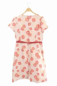 M'S GRACY ローズ刺繍ジャガードワンピース 膝丈 ベルト付き ピンク