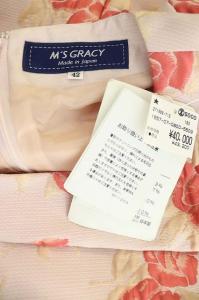 M'S GRACY ローズ刺繍ジャガードワンピース 膝丈 ベルト付き ピンク