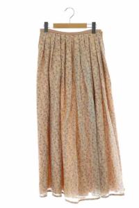 20年 ロングプリーツスカート シルク フラワープリント 36 ライトブラウン