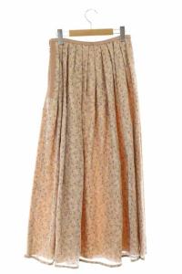 Drawer 20年 ロングプリーツスカート シルク フラワープリント 36 ライトブラウン