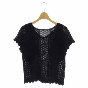 21SS レーシースクエアニットトップス Vネック プルオーバー 半袖 36 ブラック