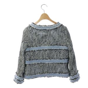 TO BE CHIC ノーカラージャケット ツイード 40 黒 水色 ブラック ライトブルー