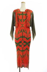 イッセイミヤケ セットアップ ノースリーブプリーツワンピース カーディガン 総柄 2 3 レッド