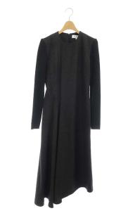 ウールリブニットスリーブ切替アシンメトリーワンピース フレア ロング 長袖 リネン混 36 ダークブラウン 黒 ブラック