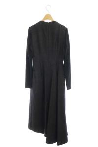 ENFOLD ウールリブニットスリーブ切替アシンメトリーワンピース フレア ロング 長袖 リネン混 36 ダークブラウン 黒 ブラック