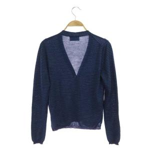 PRADA ニット ボーダーカーディガン Vネック 38 ネイビー ブルーグリーン