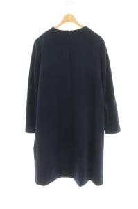 ノーカラーワンピース 長袖 膝丈 クルーネック 36 ネイビー