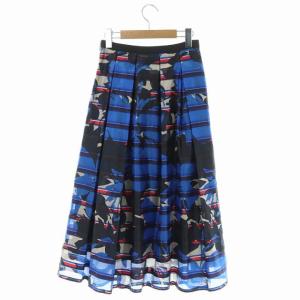 ANAYI 20SS ボーダービッグフラワープリントタックスカート フレア ブルー