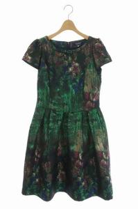 20年製 総柄ジャガードワンピース リボン 38 グリーン