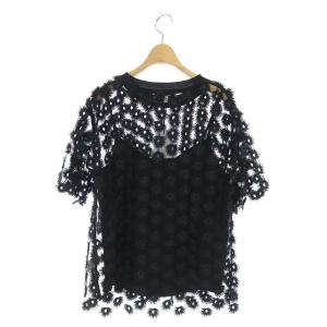 CARVEN チュールブラウス フラワー装飾 シアー 五分袖 プルオーバー インナー付き 36 ブラック