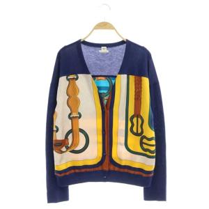 シルク切替 Vネックニットカーディガン 総柄 40 ネイビー