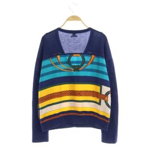 HERMES シルク切替 Vネックニットカーディガン 総柄 40 ネイビー