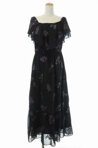 20AW ドットシフォンフラワーワンピース フレア ロング フレンチスリーブ 36 ブラック