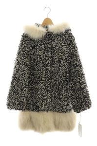 バイカラーループコート フォックスファー モヘヤ ウール混 38 黒 白