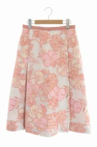 透けジャガードフラワースカート ミモレ丈 フレア 36 ピンクベージュ