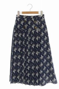 21SS リボン柄ベルトモチーフプリーツスカート 36 ネイビー