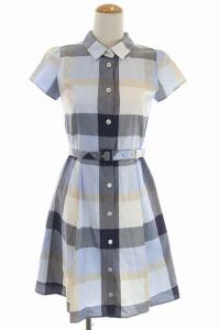 チェックひざ丈ショートスリーブワンピース 34 ブルー
