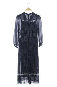 ANAYI 20SS ラインドットプリントフリルワンピース ロング インナー付き ネイビー