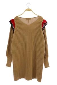 MSGM ショルダーフリルニットワンピース ひざ丈 タイト リブ プルオーバー ブラウン