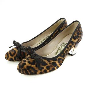 パンプス ハラコ レオパード柄 リボン クリアヒール チャンキーヒール 6 ブラウン