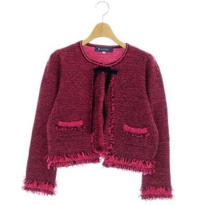 ニットカーディガン 長袖 ショート丈 フリンジ リボン付き 40 ピンク ブラック