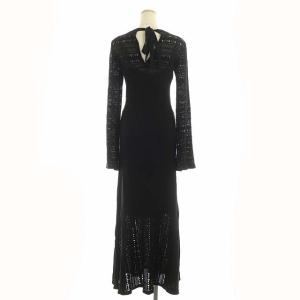 CASA FLINE メッシュニット ワンピース 長袖 フレア ロング クルーネック バックリボン F ブラック