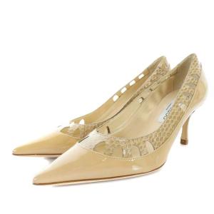 パンプス パテントレザー ポインテッドトゥ パイソン型押し 切替 35.5 ベージュ