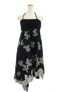 ゲガン刺繍ベアワンピース 膝丈 ホルターネック フレア アシンメトリー 36 ブラック