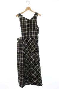 アシンメトリー チェック ラップワンピース フレア ロング ノースリーブ ウール 36 黒 白 ブラック ホワイト