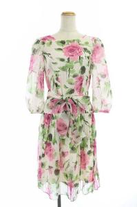 ワンピース ローズ柄 膝丈 ホワイト ピンク