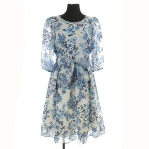 ワンピース ひざ丈 花柄 総柄 ホワイト ブルー
