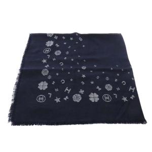 CHANEL スカーフ カメリア ココマーク カシミヤ ラメ フリンジ 紺 ネイビー