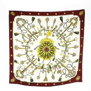 カレ90 LES CLES スカーフ 鍵柄 絹 シルク 総柄 白 ホワイト ボルドー ゴールド色