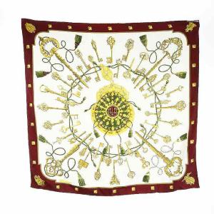 HERMES カレ90 LES CLES スカーフ 鍵柄 絹 シルク 総柄 白 ホワイト ボルドー ゴールド色